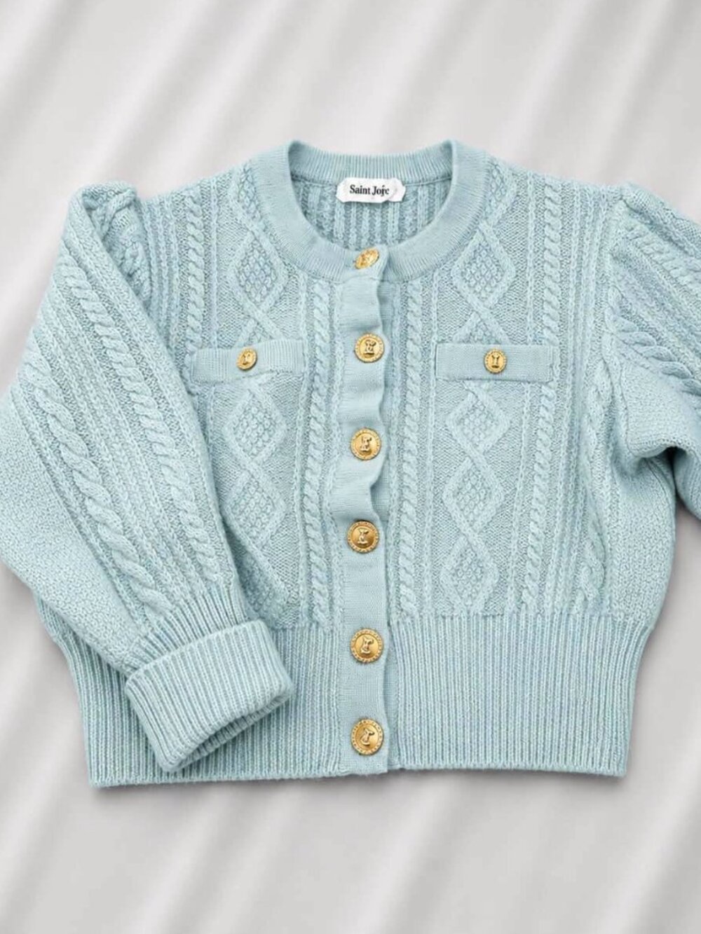 Light Blue Cable Knit Gold Button Cardigan